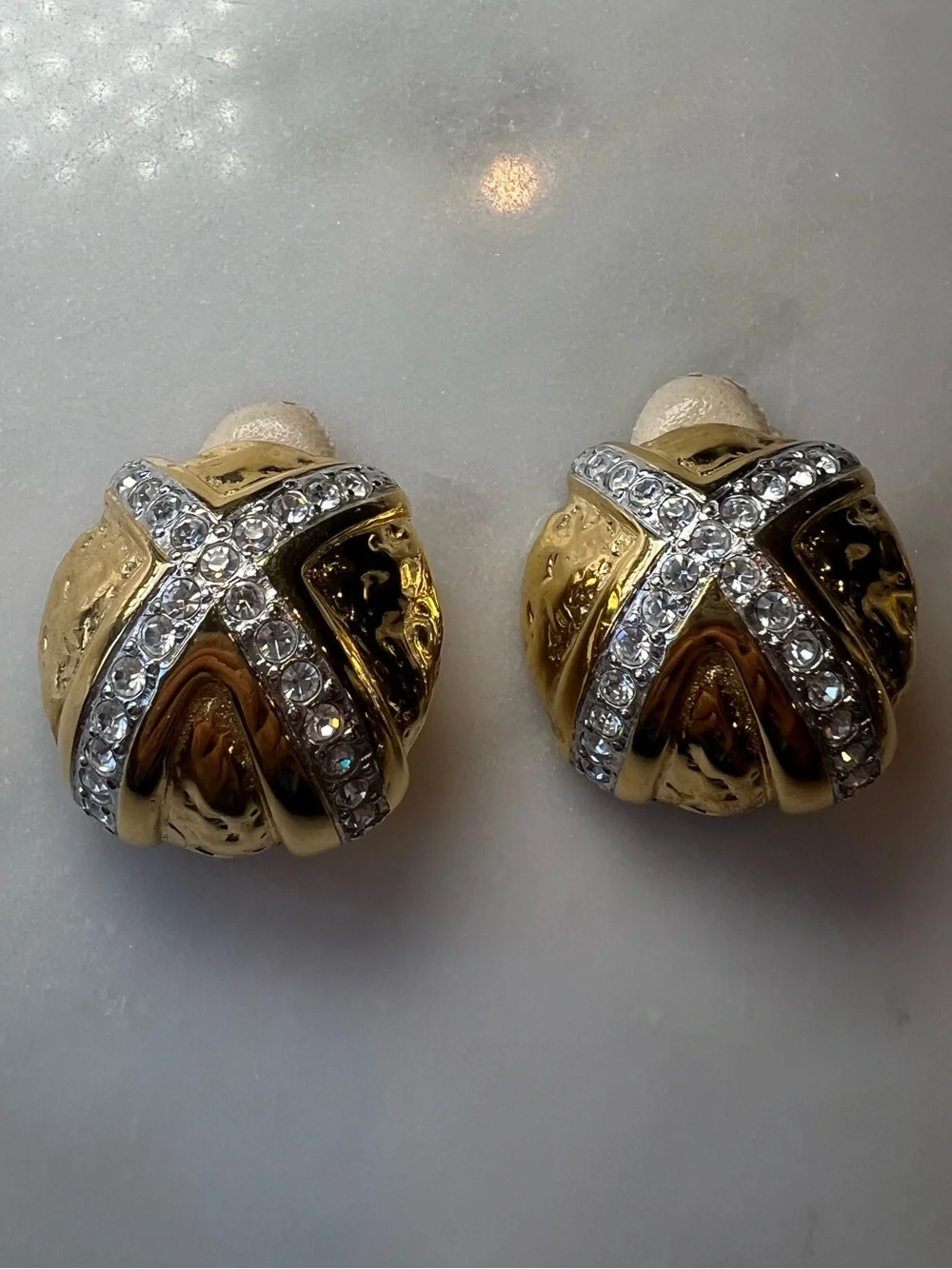 Vintage Essex Gold Tone Rhinestone Dome Clip On Earrings | Sculptural Statement - Picture 3 of 6